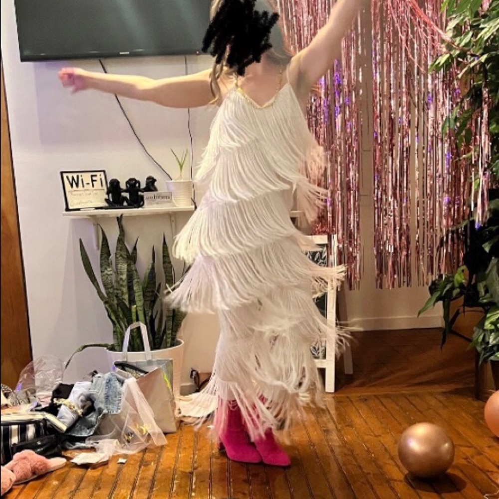 Pretty Little Thing White Tassel Plunge Jumpsuit size small